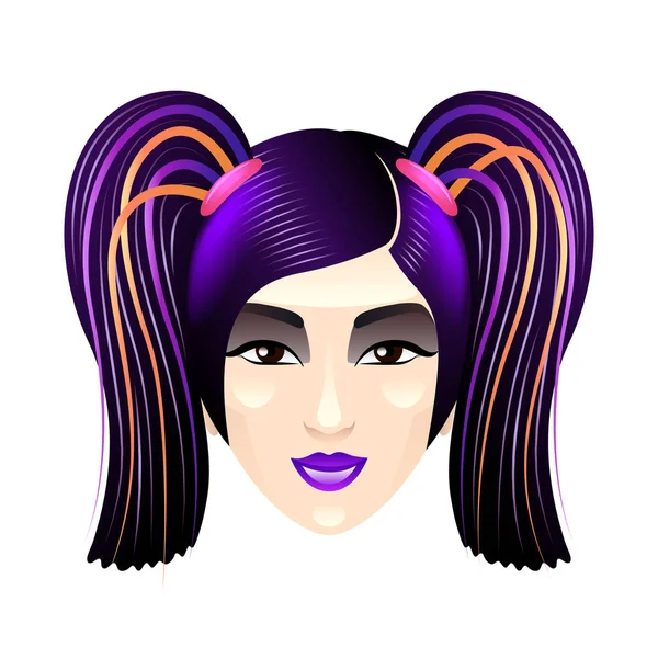 Chica asiática con el pelo púrpura brillante aislado en vector blanco — Vector de stock