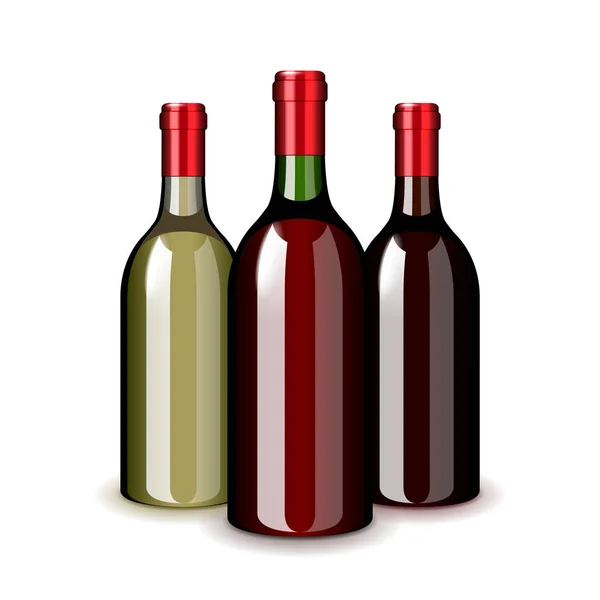 Tres botellas de vino aisladas en el vector blanco — Vector de stock