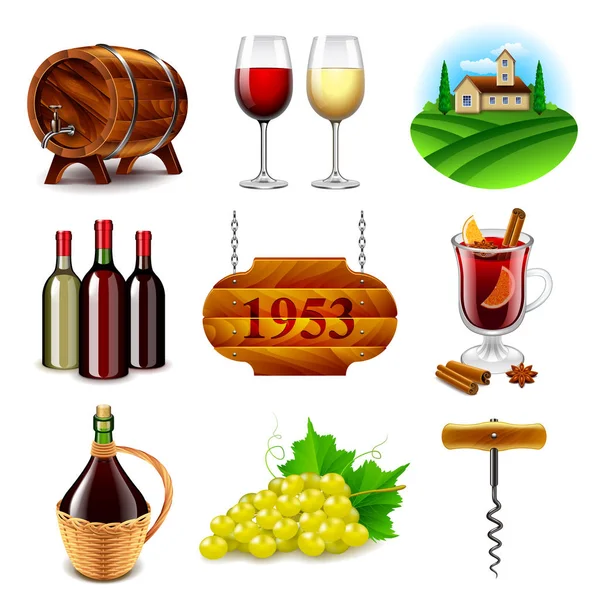 El vino y la vinificación iconos vector conjunto — Vector de stock