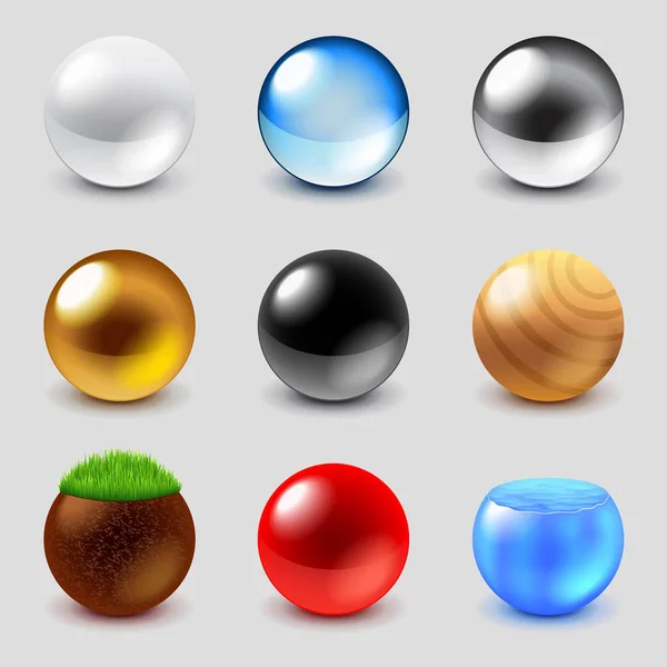 Spheres from different materials icons vector set — Stock Vector