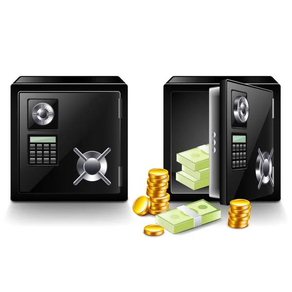 Closed and opened safe with money isolated vector — Stock Vector