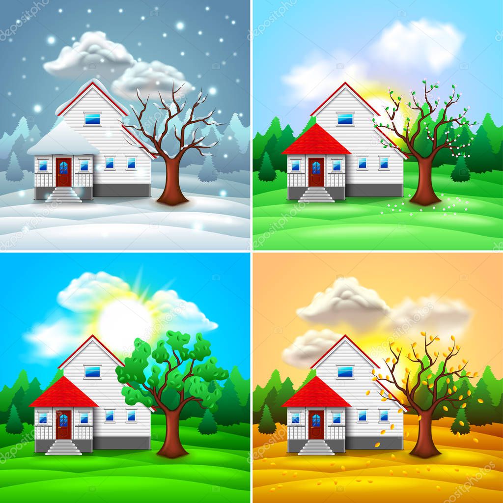 House and nature four seasons vector