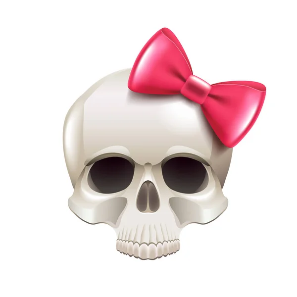 Calavera de niña con lazo rosa aislado en vector blanco — Vector de stock