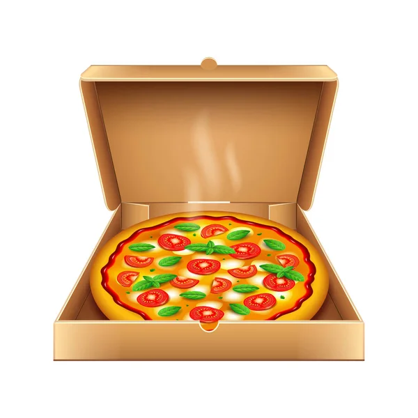 Pizza en caja aislada en vector blanco — Vector de stock
