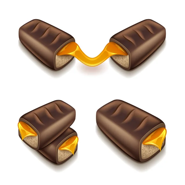 Barra de chocolate con caramelo aislado en vector blanco — Vector de stock