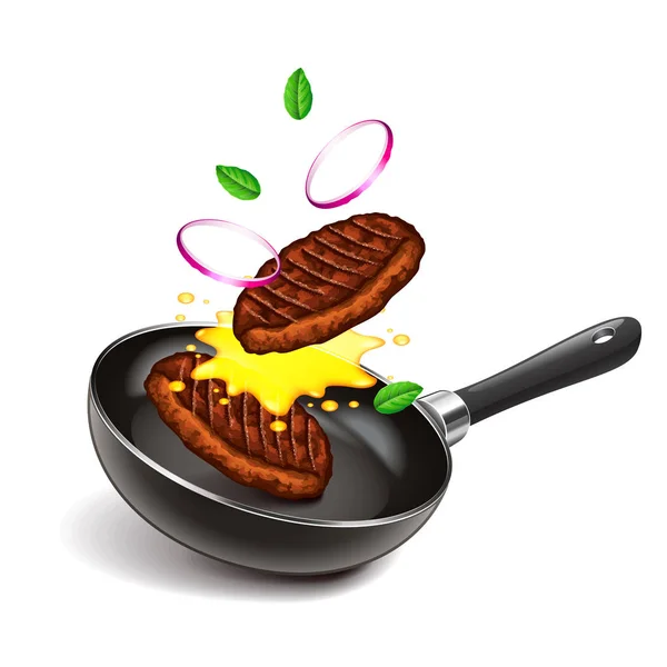 Frying steaks on pan isolated vector — Stock Vector
