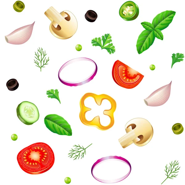 Verduras en rodajas sin costura fondo aislado vector — Vector de stock