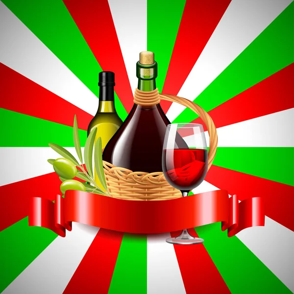 Vino y aceite de oliva sobre fondo de bandera italiana — Vector de stock