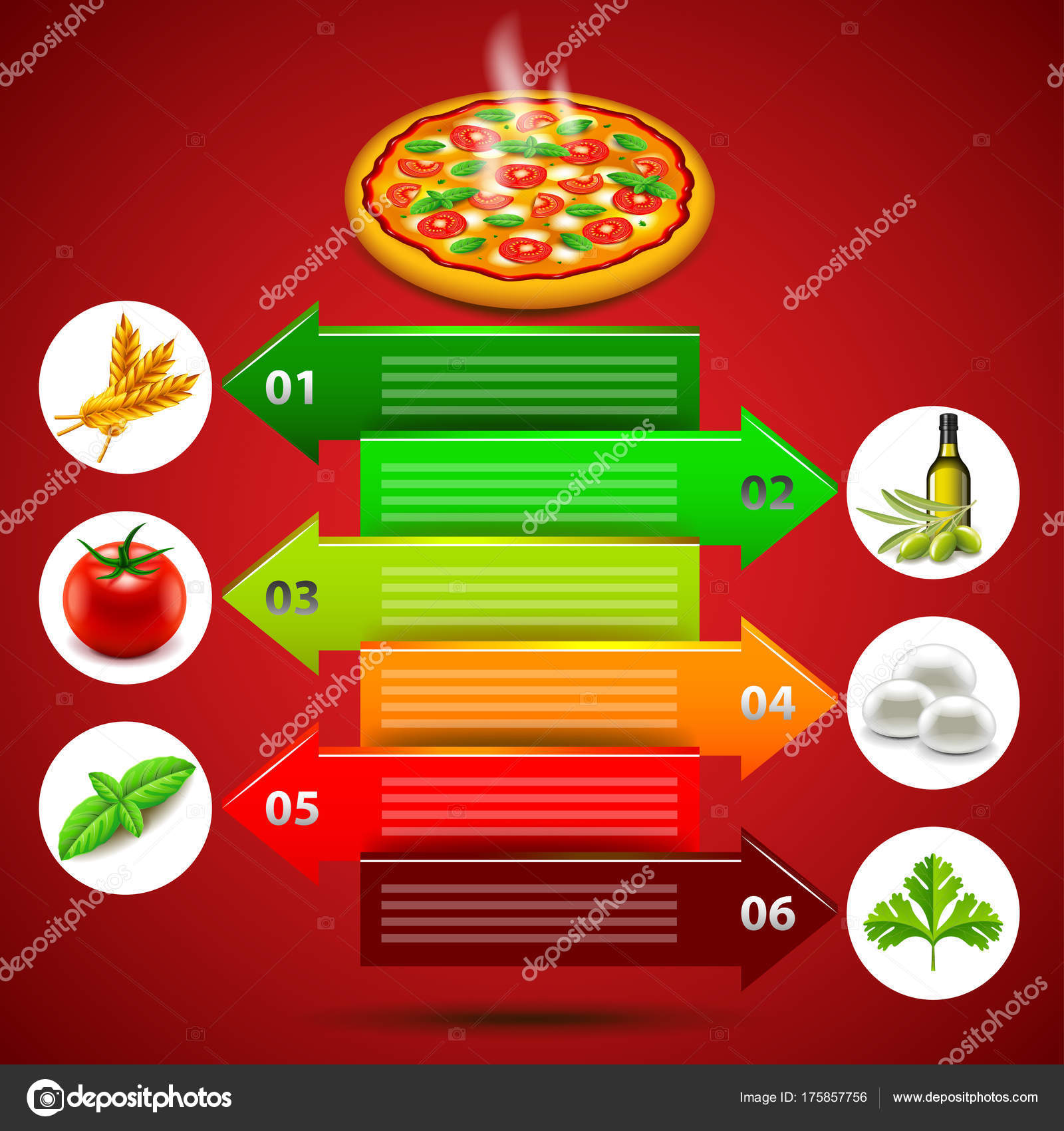 Margarita pizza infographics çevrelerde malzemelerle — Stok Vektör