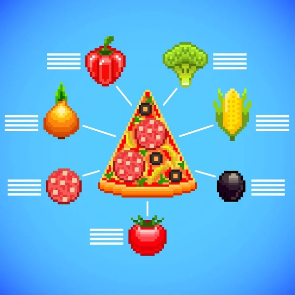 青色の背景にピザのスライスや食材ピクセル アートをインフォ グラフィック — ストックベクタ