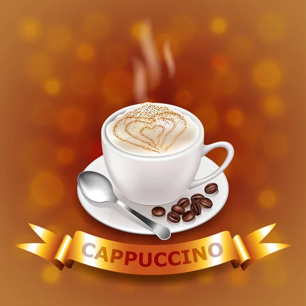 Cappuccino op koffie-gekleurde achtergrond met gouden lint — Stockvector