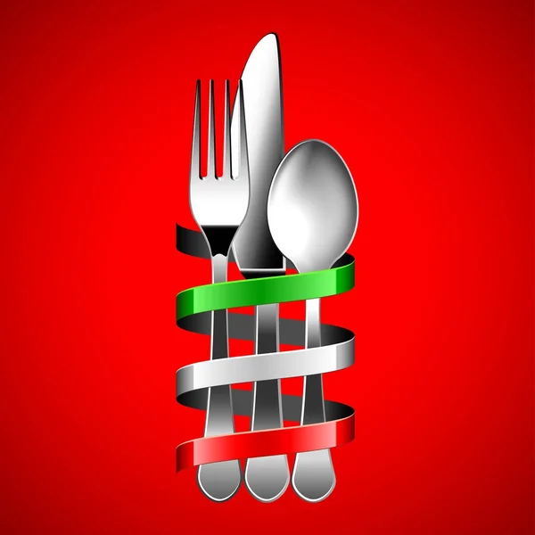 Silver cutlery and italian flag ribbon on red background — Stock Vector