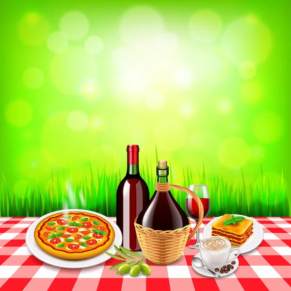 Italian food on checkered tablecloth table and green background — Stock Vector