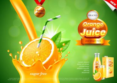Portakal suyu reklamları dökme. Gerçekçi vektör arka plan