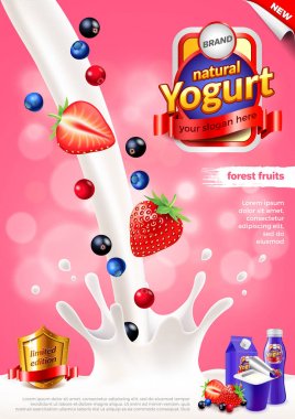 Yoğurt reklamları. Dökülen süt ve orman meyve vektör arka plan