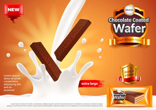 チョコレート コーティングされたウェーハの広告。注ぐミルクのベクトルの背景 — ストックベクタ