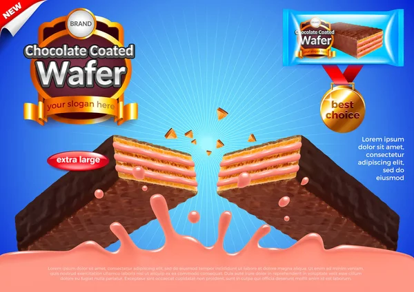 イチゴ クリームの広告でチョコレートのウェーハ ベクター背景 — ストックベクタ
