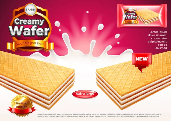 Creamy wafer ads. Milk splashes vector background — Stock Vector