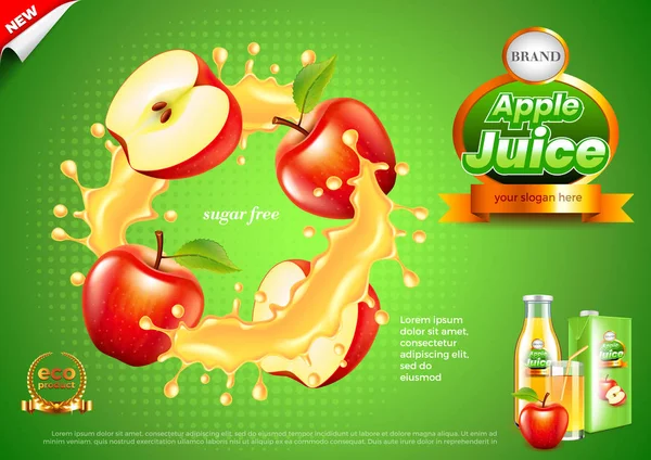 ジュースの広告。水しぶきのベクトルの背景のりんご — ストックベクタ