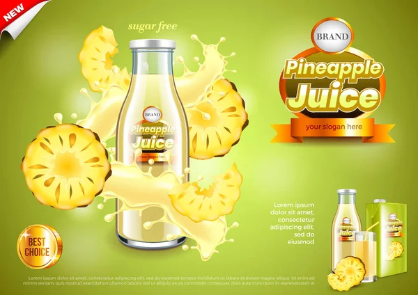 Реклама сока. Бутылка с ананасовыми ломтиками и брызгами векторного фона — стоковый вектор