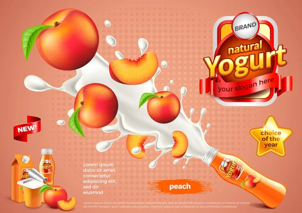 Şeftali yoğurt reklamları. Şişe patlama vektör arka plan — Stok Vektör