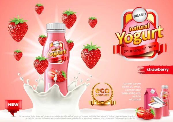 Anúncios de iogurte de morango. Garrafa em fundo vetor de respingo de leite — Vetor de Stock