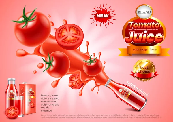 Tomatensaft-Anzeigen. Glasflasche Explosion Vektor Hintergrund — Stockvektor