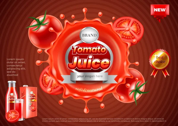 Anúncios de sumo de tomate. Splashes no fundo escuro fundo vetorial — Vetor de Stock