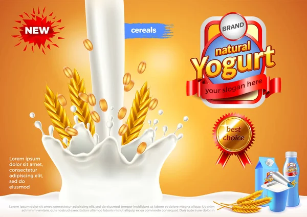 Yogurt pubblicitari. Versare latte e cereali fondo vettoriale — Vettoriale Stock