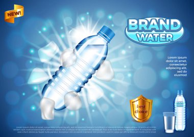 Su reklamlar. Buz küpleri vektör arka plan ile plastik şişe