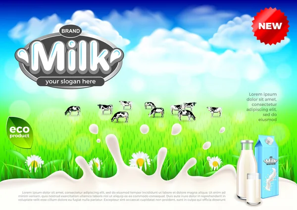 Annunci di latte. Mucche su campo verde fattoria vettore sfondo — Vettoriale Stock