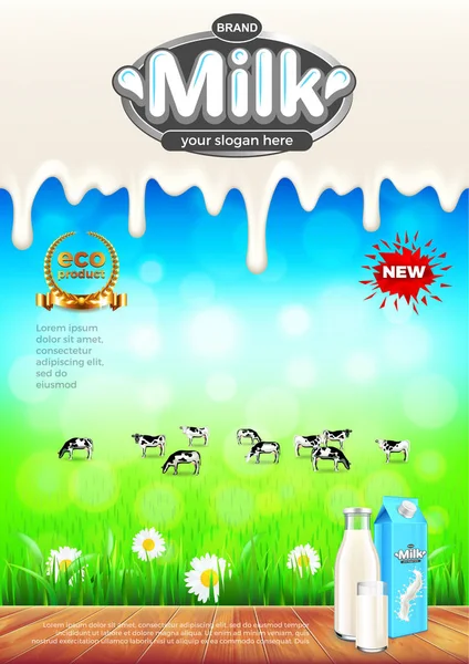 Süt reklamlar. Vektör arka plan yeşil sahaya ve inekleri — Stok Vektör