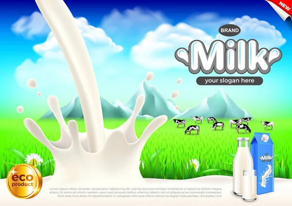 Молочная реклама. Млечные брызги и векторный фон — стоковый вектор