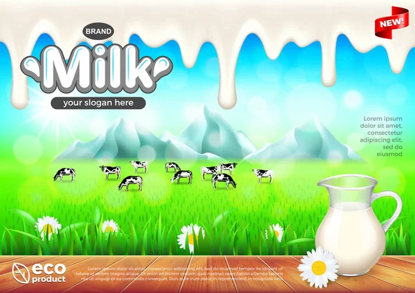 Mjölk-annonser. Glaskanna på träbord, gröna fältet vektorbakgrund — Stock vektor