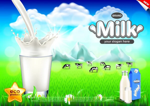 Wlewając mleko reklamy. Krowy na pole zielone tło wektor — Wektor stockowy