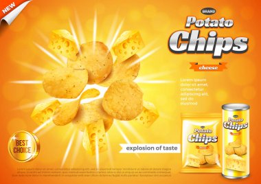 Cips reklamlar. Peynir lezzet patlama vektör arka plan