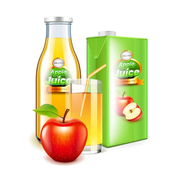 Jugo de manzana en botella de vidrio y embalaje 3d vector realista — Archivo Imágenes Vectoriales