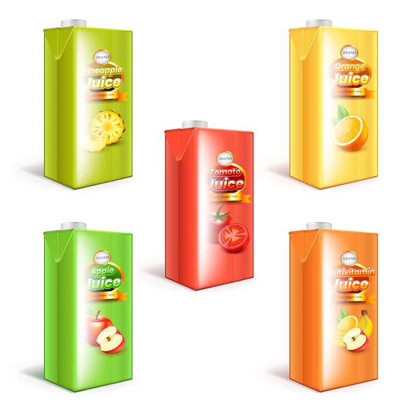 Jugo caja de embalaje 3d vector realista conjunto — Vector de stock