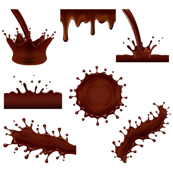 Salpicaduras de chocolate 3d foto realista vector conjunto — Archivo Imágenes Vectoriales