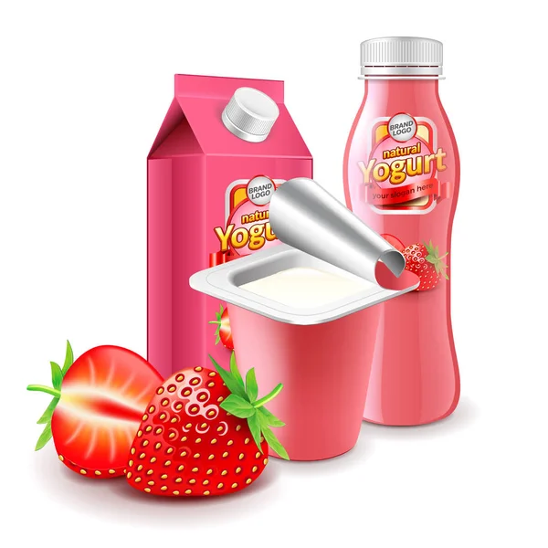 Fragola imballaggi yogurt 3D foto vettore realistico — Vettoriale Stock