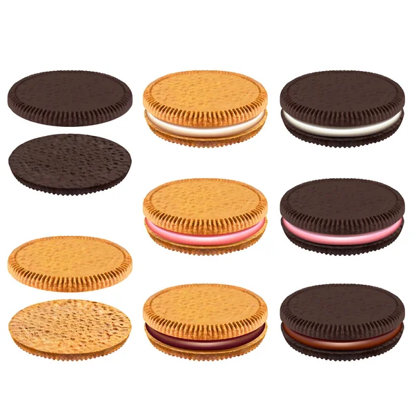 Sandwich cookies with cream 3d realistic vector set — Stock Vector