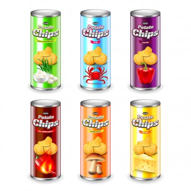 Patates cipsi ambalaj 3d gerçekçi vektör set tüp