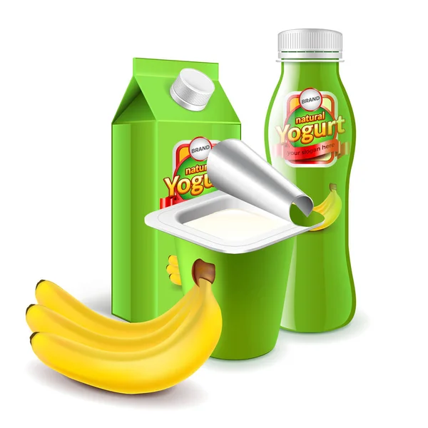 Bananenjoghurt Verpackungen 3D fotorealistische Vektor — Stockvektor