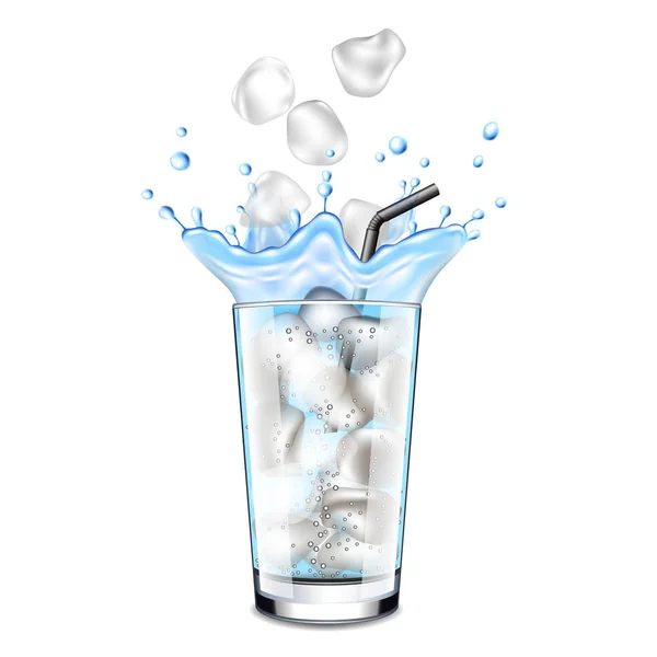 Cubos de gelo caindo em vidro de água 3d vetor — Vetor de Stock