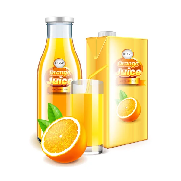 Апельсиновый сок в стеклянной бутылке и упаковке 3D реалистичный вектор — стоковый вектор