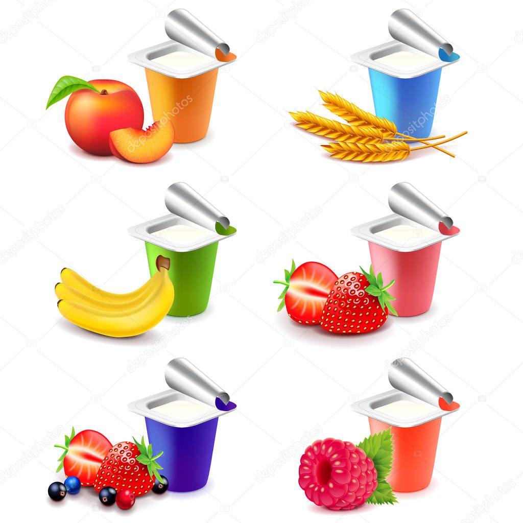 Colorful yogurt cups with fruits 3d realistic vector set