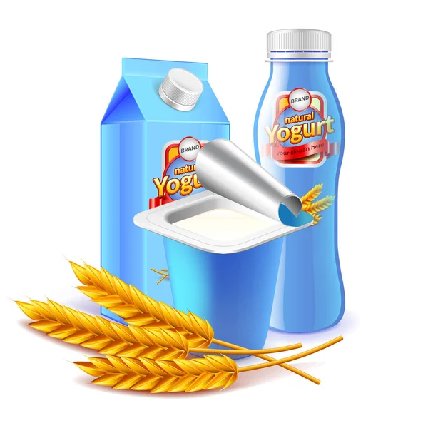 Spannmål yoghurt förpackningar 3d foto realistisk vektor — Stock vektor