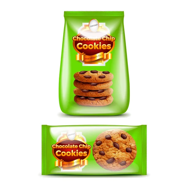 Chocolate chip cookies embalaje 3d vector realista — Vector de stock