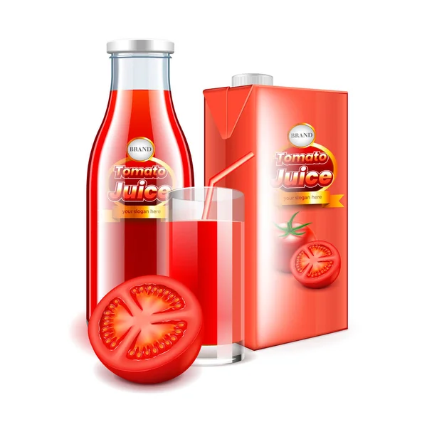 Tomato juice in glass bottle and packaging 3d realistic vector — Stock Vector