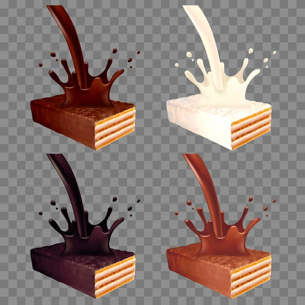 Wafer in chocolate splash 3d realistic vector set — Stock Vector